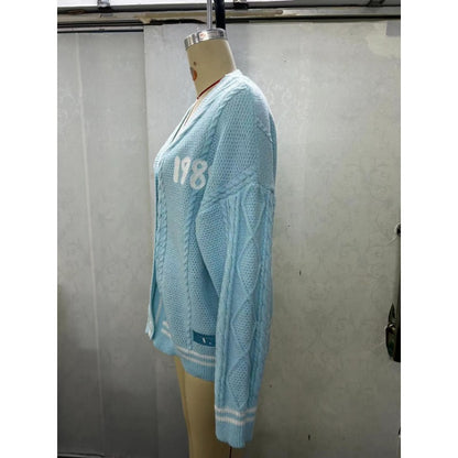 1989 Version Embroidered Cardigan Sweater, Valentine Gifts for Swifties Oversized Blue Knitted Cardigan